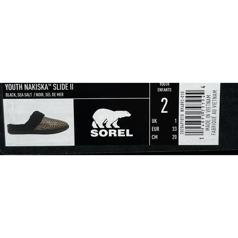 SOREL Nakiska Youth‎ Girls Faux Fur Slippers Size 2 Black Gold Animal Print Warm